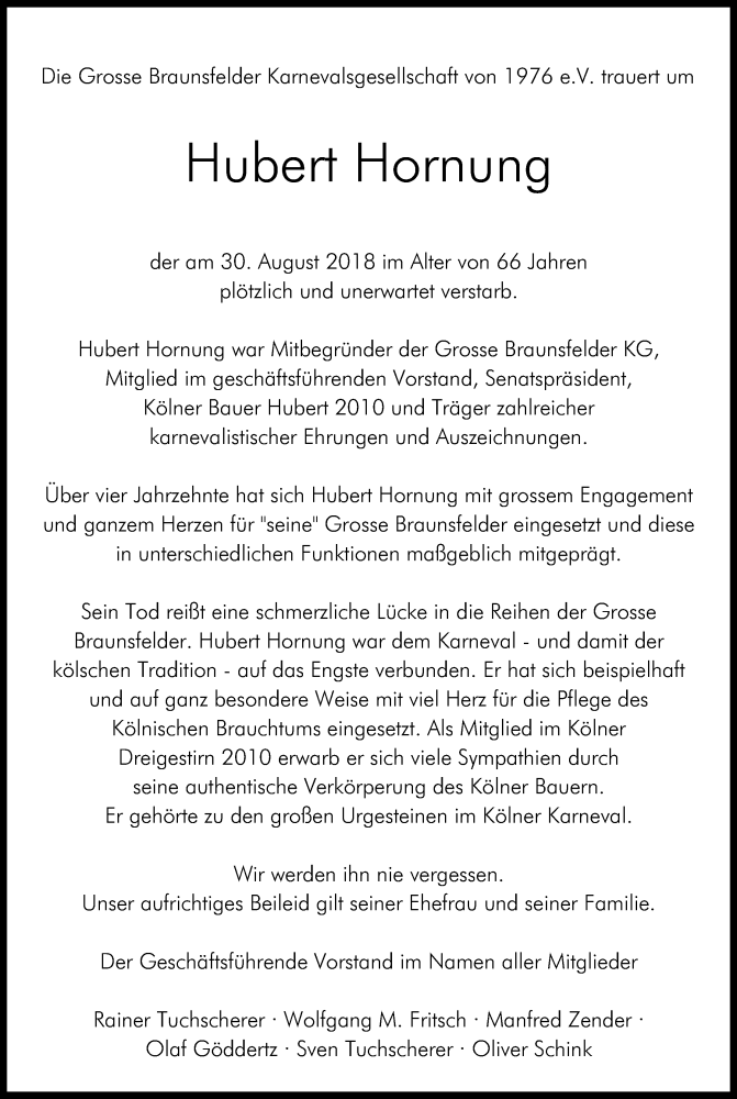  Traueranzeige für Hubert Hornung vom 05.09.2018 aus Kölner Stadt-Anzeiger / Kölnische Rundschau / Express