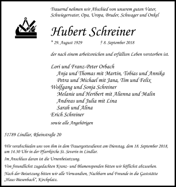 Anzeige von Hubert Schreiner von Kölner Stadt-Anzeiger / Kölnische Rundschau / Express