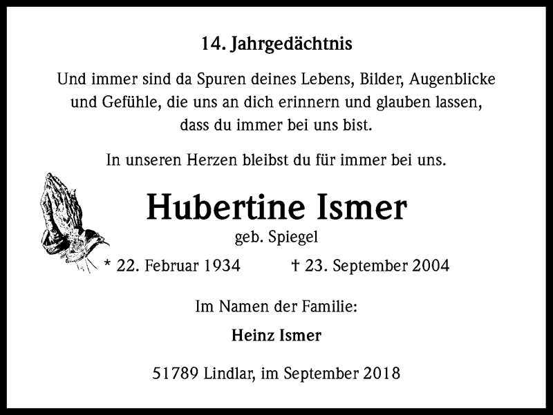  Traueranzeige für Hubertine Ismer vom 22.09.2018 aus Kölner Stadt-Anzeiger / Kölnische Rundschau / Express
