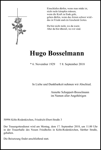 Anzeige von Hugo Bosselmann von Kölner Stadt-Anzeiger / Kölnische Rundschau / Express