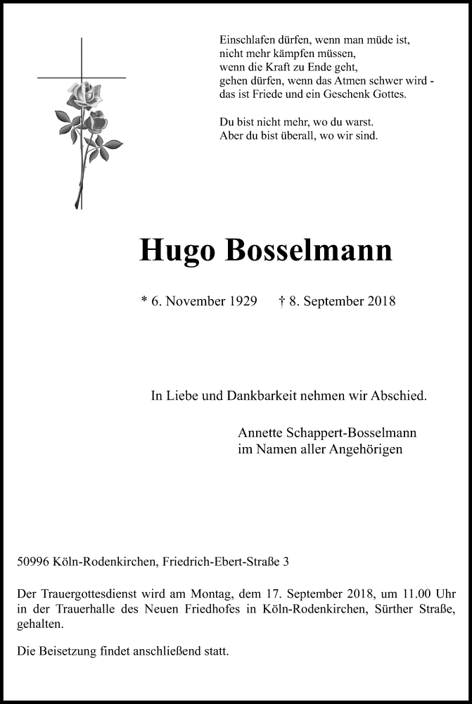  Traueranzeige für Hugo Bosselmann vom 15.09.2018 aus Kölner Stadt-Anzeiger / Kölnische Rundschau / Express