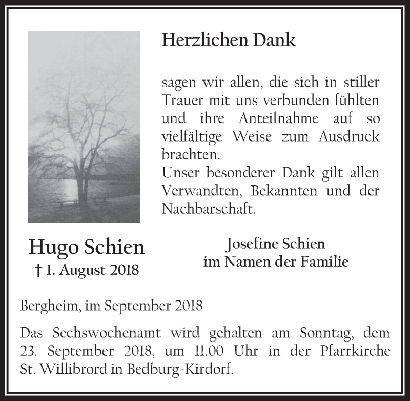  Traueranzeige für Hugo Schien vom 19.09.2018 aus  Werbepost 