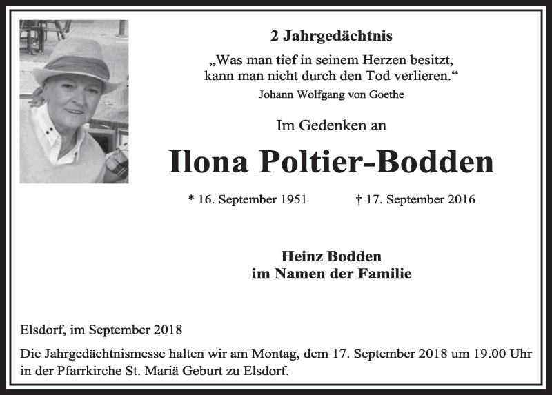  Traueranzeige für Ilona Poltier-Bodden vom 15.09.2018 aus  Sonntags-Post 
