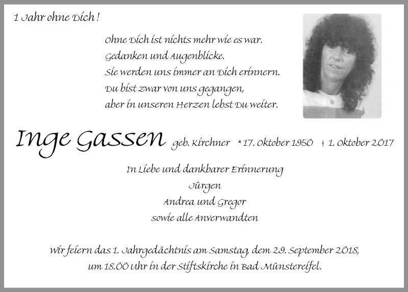  Traueranzeige für Inge Gassen vom 22.09.2018 aus  Blickpunkt Euskirchen 