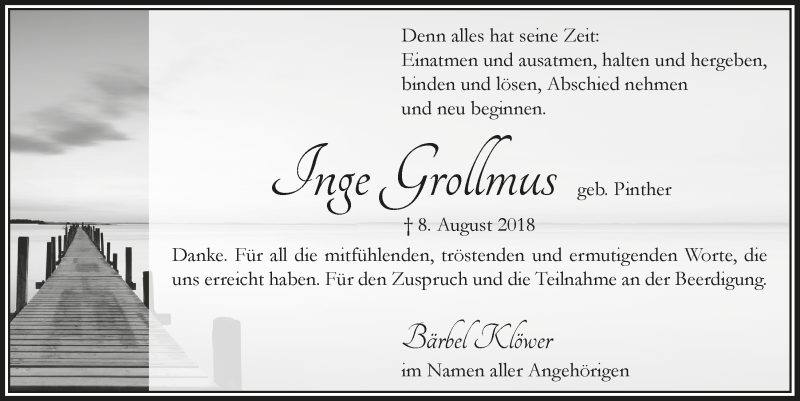 Traueranzeige für Inge Grollmus vom 12.09.2018 aus  Lokalanzeiger 