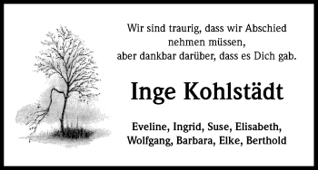 Anzeige von Inge Kohlstädt von Kölner Stadt-Anzeiger / Kölnische Rundschau / Express