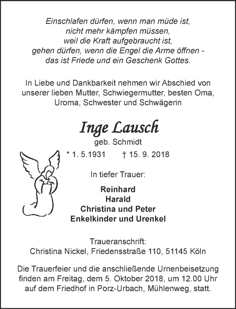  Traueranzeige für Inge Lausch vom 26.09.2018 aus  Kölner Wochenspiegel 