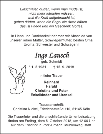 Anzeige von Inge Lausch von  Kölner Wochenspiegel 
