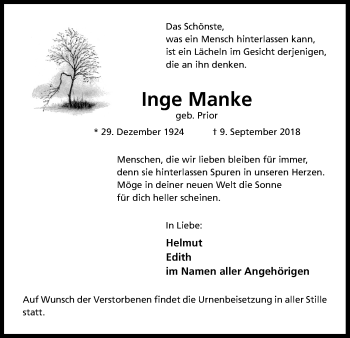 Anzeige von Inge Manke von Kölner Stadt-Anzeiger / Kölnische Rundschau / Express