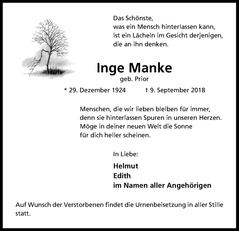 Traueranzeige für Inge Manke vom 14.09.2018 aus Kölner Stadt-Anzeiger / Kölnische Rundschau / Express