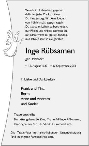 Anzeige von Inge Rübsamen von  Anzeigen Echo 