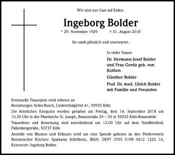 Anzeige von Ingeborg Bolder von Kölner Stadt-Anzeiger / Kölnische Rundschau / Express