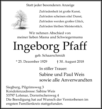 Anzeige von Ingeborg Pfaff von Kölner Stadt-Anzeiger / Kölnische Rundschau / Express