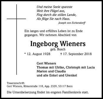 Anzeige von Ingeborg Wieners von Kölner Stadt-Anzeiger / Kölnische Rundschau / Express