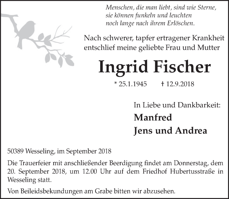  Traueranzeige für Ingrid Fischer vom 19.09.2018 aus  Schlossbote/Werbekurier 