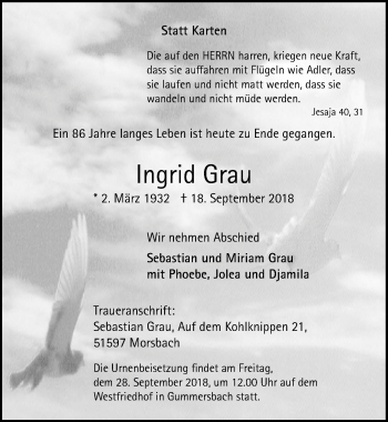Anzeige von Ingrid Grau von  Anzeigen Echo 