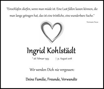 Anzeige von Ingrid Kohlstädt von Kölner Stadt-Anzeiger / Kölnische Rundschau / Express