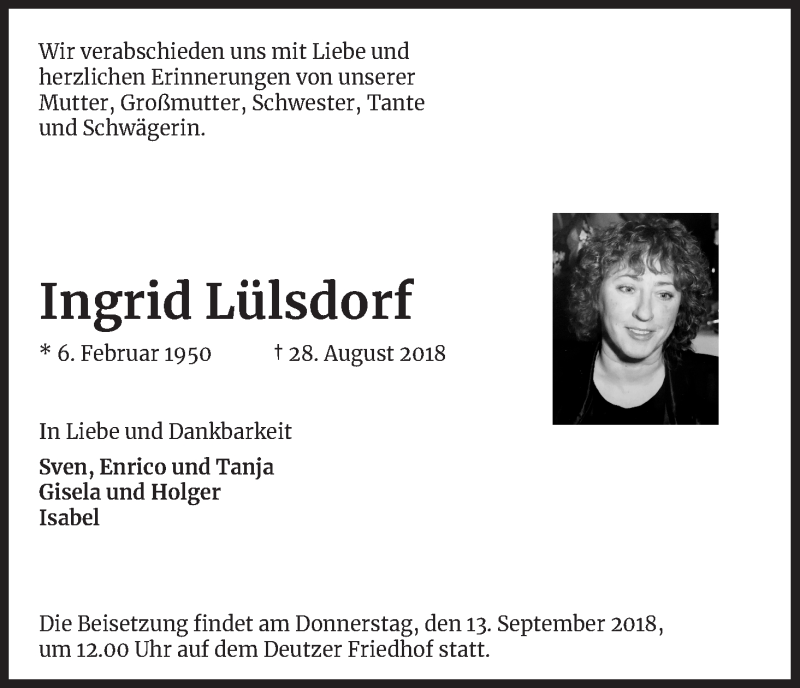  Traueranzeige für Ingrid Lülsdorf vom 08.09.2018 aus Kölner Stadt-Anzeiger / Kölnische Rundschau / Express