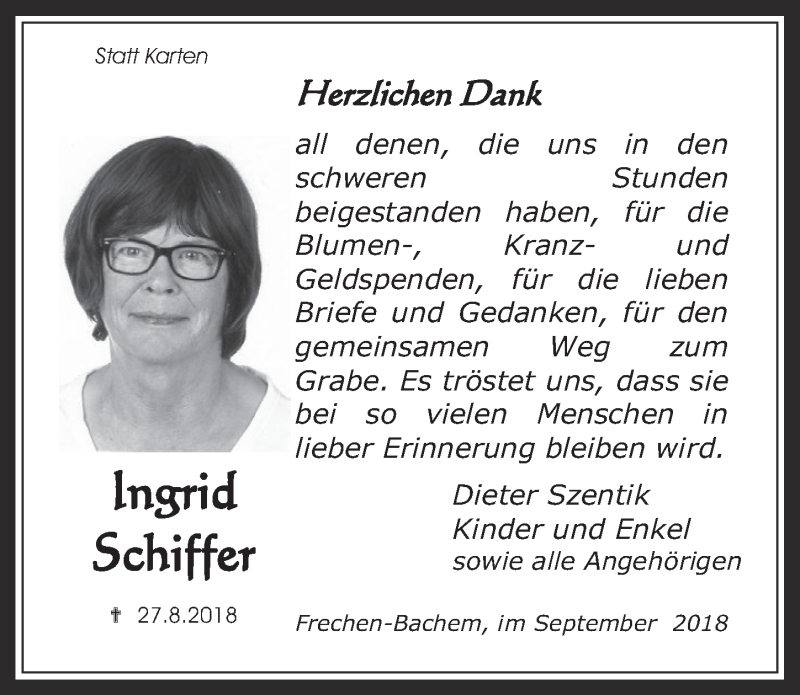 Traueranzeige für Ingrid Schiffer vom 26.09.2018 aus  Wochenende 