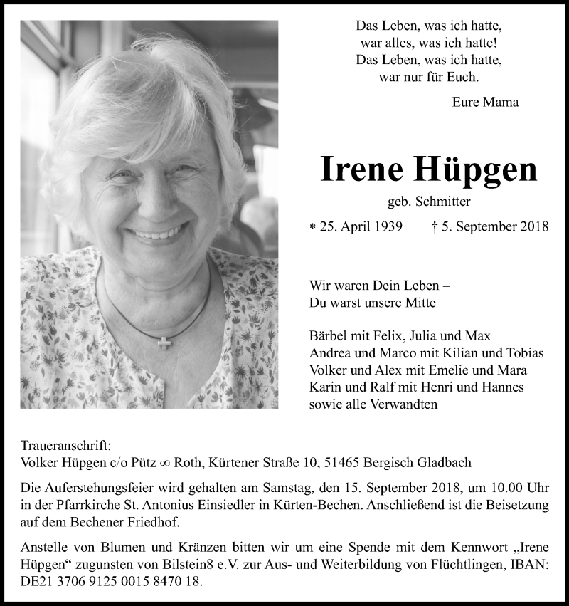  Traueranzeige für Irene Hüpgen vom 12.09.2018 aus Kölner Stadt-Anzeiger / Kölnische Rundschau / Express