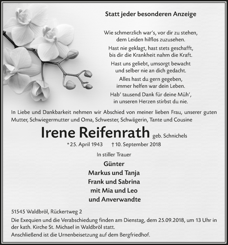  Traueranzeige für Irene Reifenrath vom 19.09.2018 aus  Lokalanzeiger 