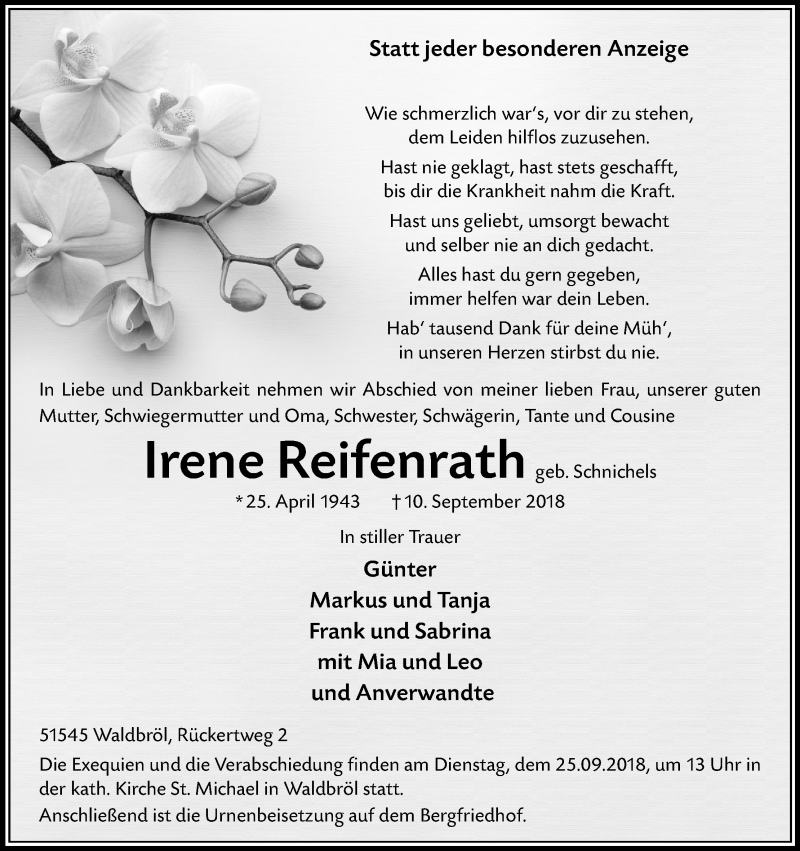  Traueranzeige für Irene Reifenrath vom 15.09.2018 aus Kölner Stadt-Anzeiger / Kölnische Rundschau / Express