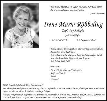 Anzeige von Irene Maria Röbbeling von Kölner Stadt-Anzeiger / Kölnische Rundschau / Express