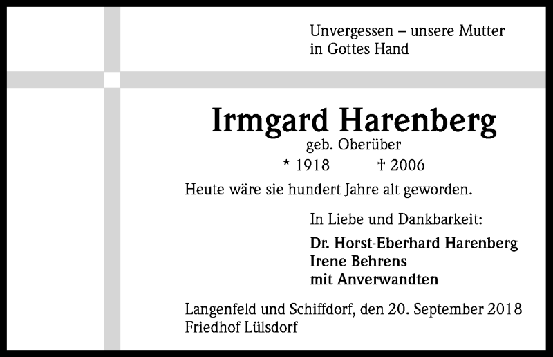  Traueranzeige für Irmgard Harenberg vom 20.09.2018 aus Kölner Stadt-Anzeiger / Kölnische Rundschau / Express