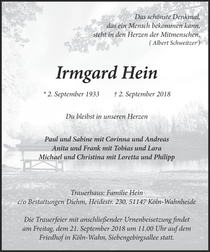  Traueranzeige für Irmgard Hein vom 12.09.2018 aus  Kölner Wochenspiegel 