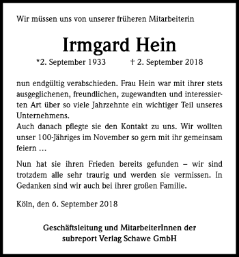 Anzeige von Irmgard Hein von Kölner Stadt-Anzeiger / Kölnische Rundschau / Express