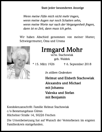 Anzeige von Irmgard Mohr von Kölner Stadt-Anzeiger / Kölnische Rundschau / Express