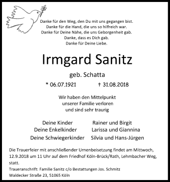 Anzeige von Irmgard Sanitz von Kölner Stadt-Anzeiger / Kölnische Rundschau / Express