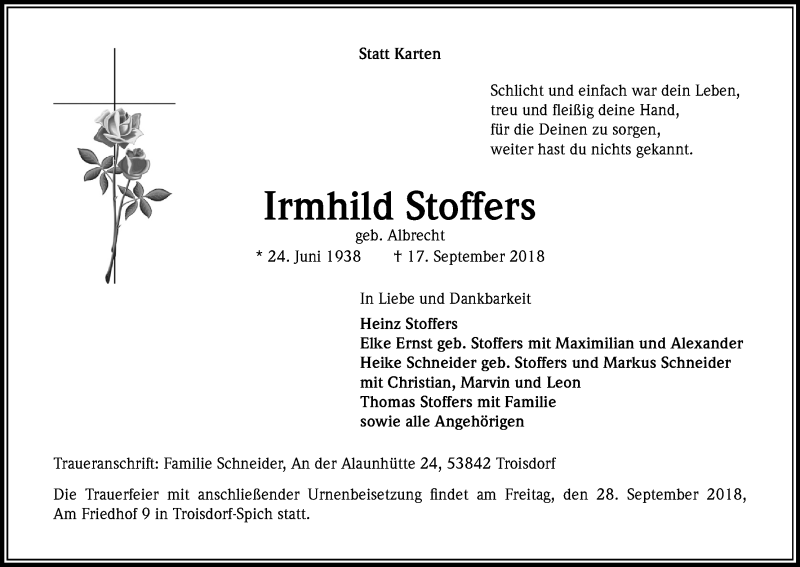  Traueranzeige für Irmhild Stoffers vom 22.09.2018 aus Kölner Stadt-Anzeiger / Kölnische Rundschau / Express