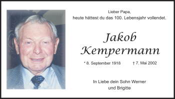 Anzeige von Jakob Kempermann von Kölner Stadt-Anzeiger / Kölnische Rundschau / Express