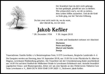 Anzeige von Jakob Keßler von Kölner Stadt-Anzeiger / Kölnische Rundschau / Express