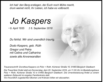 Anzeige von Jo Kaspers von Kölner Stadt-Anzeiger / Kölnische Rundschau / Express