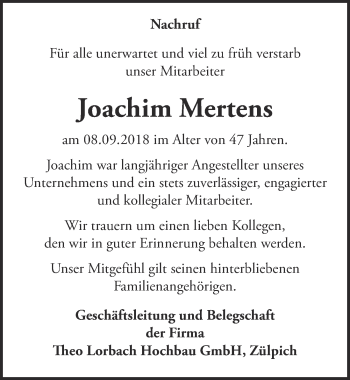Anzeige von Joachim Mertens von  Blickpunkt Euskirchen 