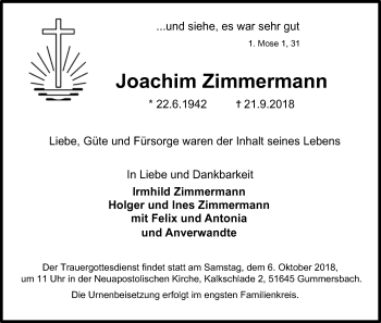 Anzeige von Joachim Zimmermann von Kölner Stadt-Anzeiger / Kölnische Rundschau / Express