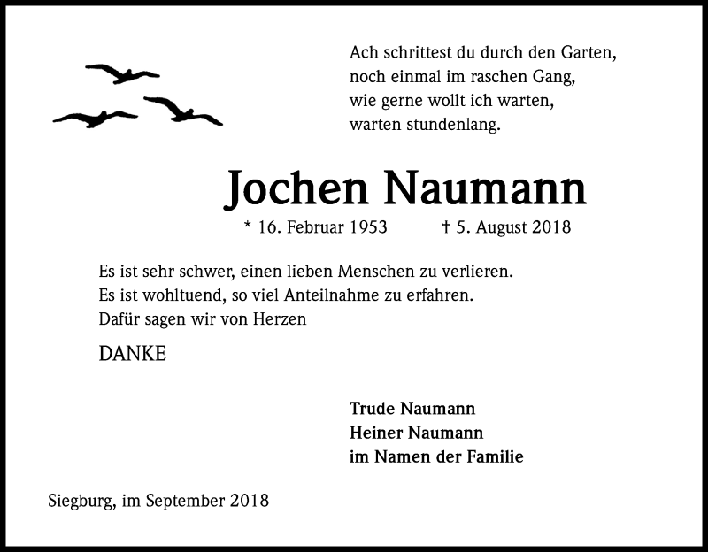  Traueranzeige für Jochen Naumann vom 22.09.2018 aus Kölner Stadt-Anzeiger / Kölnische Rundschau / Express