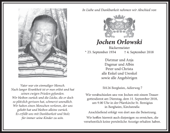 Anzeige von Jochen Orlowski von  Sonntags-Post 