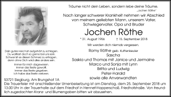 Anzeige von Jochen Röthe von Kölner Stadt-Anzeiger / Kölnische Rundschau / Express