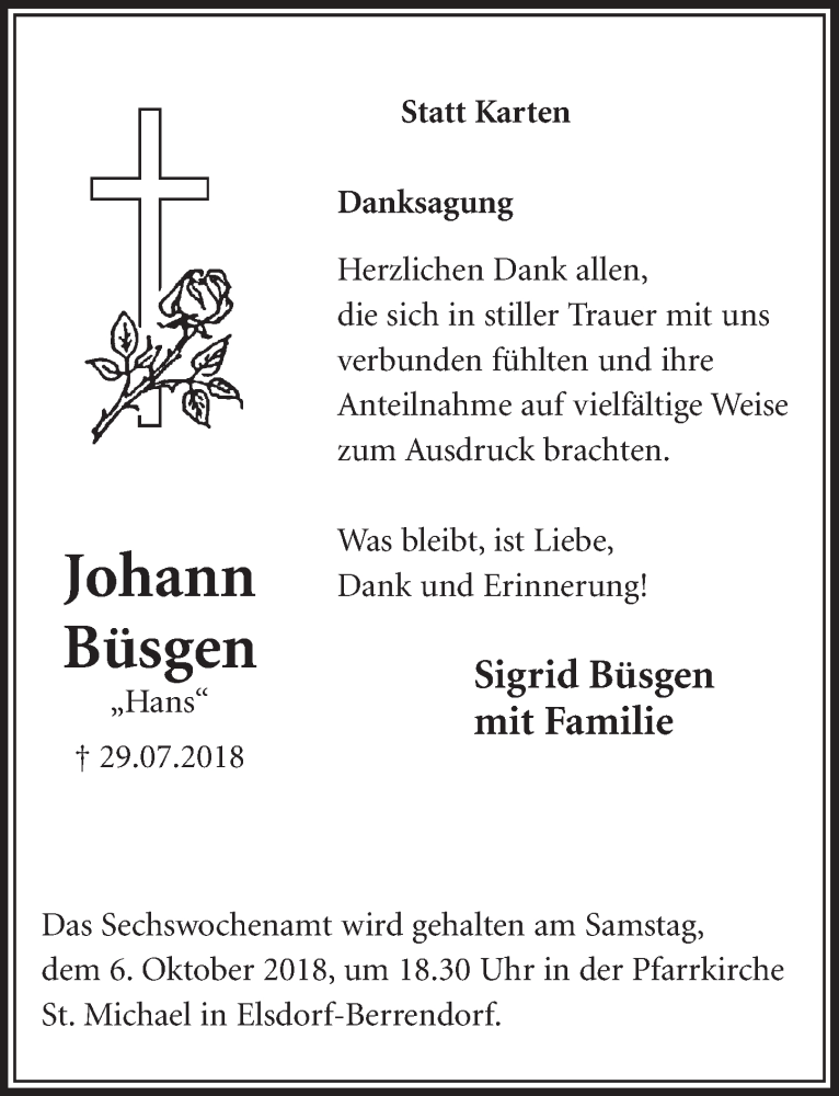  Traueranzeige für Johann Büsgen vom 29.09.2018 aus  Sonntags-Post 