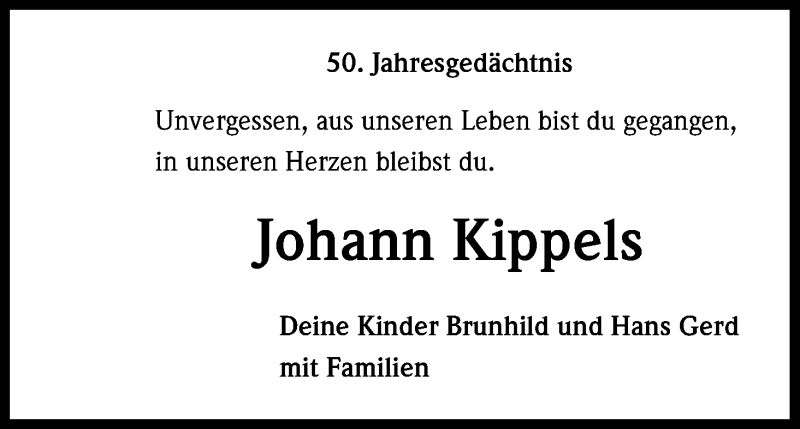  Traueranzeige für Johann Kippels vom 12.09.2018 aus Kölner Stadt-Anzeiger / Kölnische Rundschau / Express