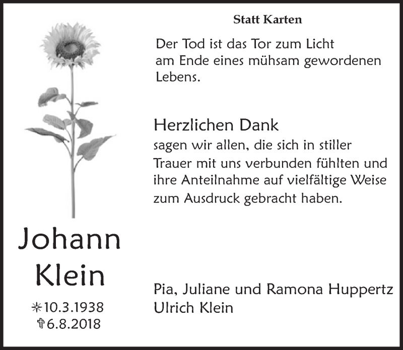  Traueranzeige für Johann Klein vom 08.09.2018 aus  Blickpunkt Euskirchen 