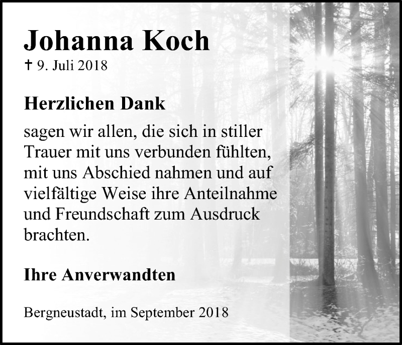  Traueranzeige für Johanna Koch vom 29.09.2018 aus Kölner Stadt-Anzeiger / Kölnische Rundschau / Express