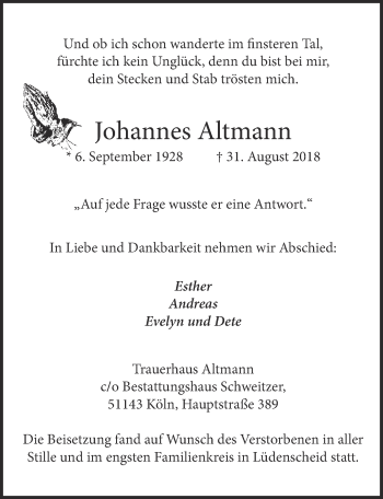 Anzeige von Johannes Altmann von  Kölner Wochenspiegel 