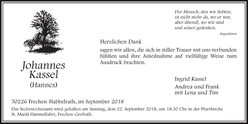  Traueranzeige für Johannes Kassel vom 15.09.2018 aus  Sonntags-Post 