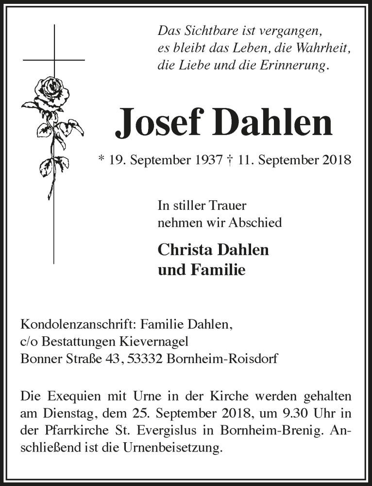  Traueranzeige für Josef Dahlen vom 19.09.2018 aus  Schaufenster/Blickpunkt 