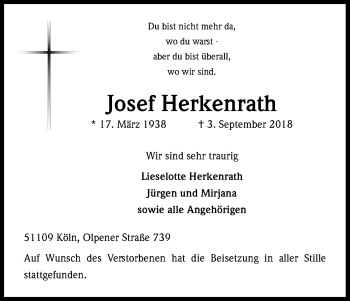 Anzeige von Josef Herkenrath von Kölner Stadt-Anzeiger / Kölnische Rundschau / Express