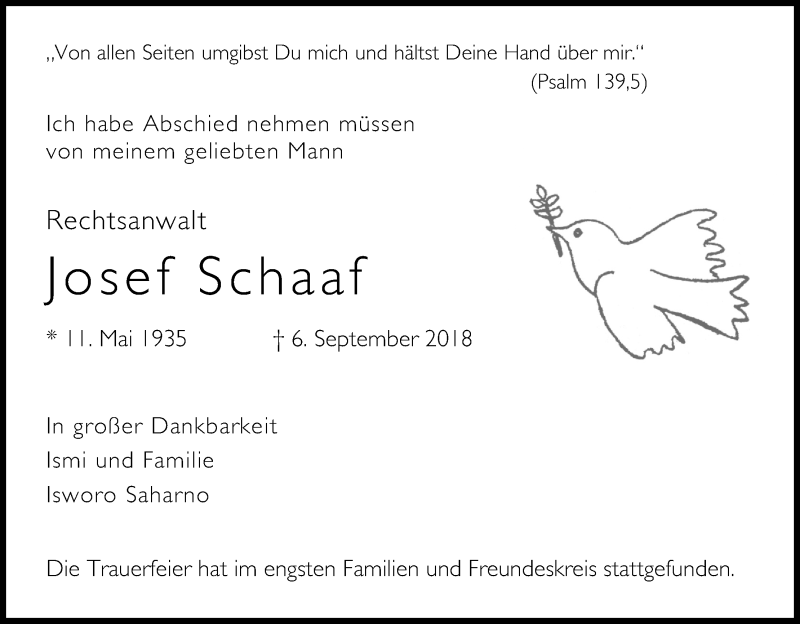  Traueranzeige für Josef Schaaf vom 15.09.2018 aus Kölner Stadt-Anzeiger / Kölnische Rundschau / Express